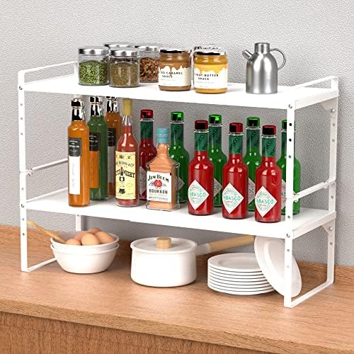 iPEGTOP Expandable Cabinet Storage Shelf Organizer Rack, Heavy Duty Cupboard Stand Spice Rack Adjustable Height Garage Pantry Shelf Space Riser for Counter Kitchen Organization, White, 2 Pack - Image 2