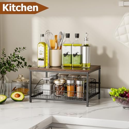 KLM Pull Out Spice Rack Organizer for Cabinet,Rustic Wood Top with Wire Basket Storage,Kitchen Countertop Organizer and Storage for Pantry, Counter top,Coffee Station Wood. (Brown) - Image 6