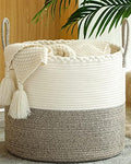 KAKAMAY Large Blanket Basket (18"x18"x16"),Woven Baby Laundry Hamper for Storage, Cotton Rope Blankets Baskets for Nursery, Laundry, Living Room, Pillows, Baby Toy chest with Handles (White/Beige) by KAKAMAY