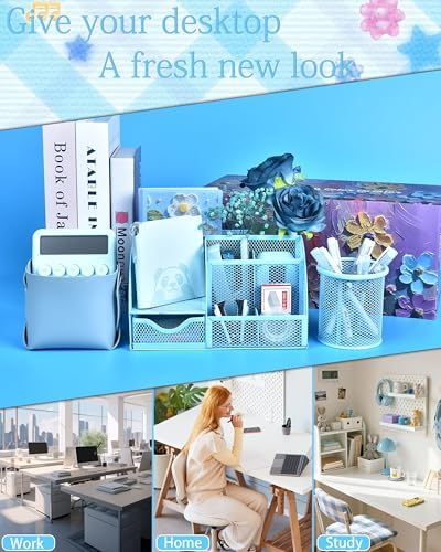 23pc Blue Desk Accessories and Organizers with Mesh Organizer Stapler Tape Dispenser Calculator and a Lot of Office Purple Office Supplies Beautifully Presented in a Gift Box - Image 3