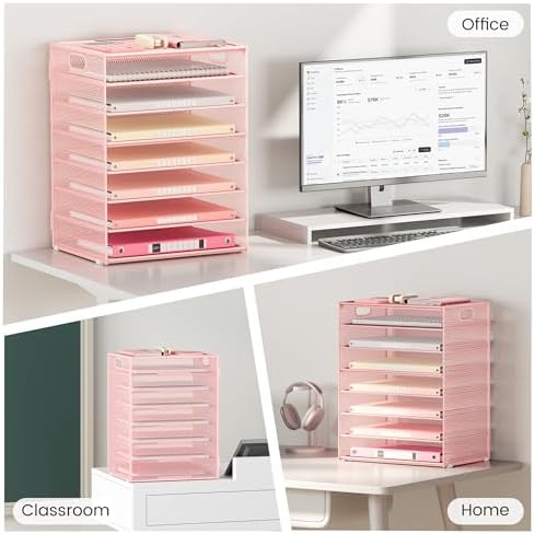 Lavatino 8-Tier Letter Tray Desk Paper Organizer, Mesh File Sorter Tray Organizer for Desk Office Supplies & Home Organization, Fits A4 Paper, Mail, Magazines and Office Accessories (Pink with Handle) - Image 7