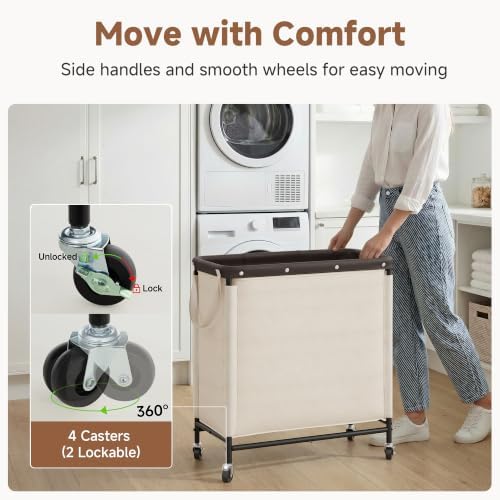 StorageWorks 3 Section Laundry Hamper, 120L Beige Sorter Cart with Wheels - Image 3