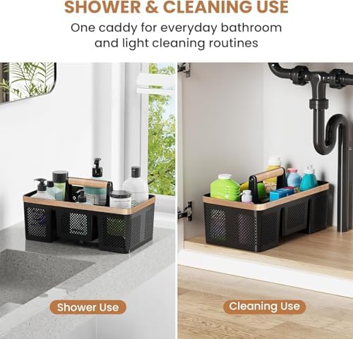 BYUNER Plastic Shower Caddy Dorm: Portable Hard Shower Basket with Handle, 4 Divided Compartments, All-Side Drainage, Bathroom & Cleaning Caddy for College Dorm Room Essentials, Black/wood grain - Image 2
