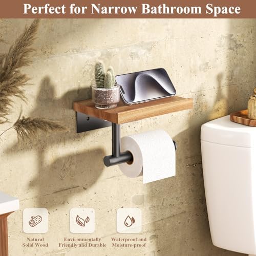 Tindbea Toilet Paper Holder with Wood Shelf, Wooden Wall Mount Tissue Paper Roll Holder, Matte Black Stainless Steel Bathroom Accessories Decor for Home (Sapele, Matte Black) - Image 2
