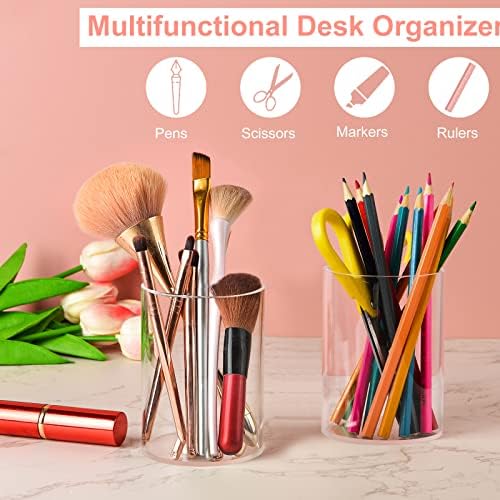 Mototo 8 Pieces Clear Acrylic Pen Holder Round Acrylic Pencil Cup Clear Makeup Bush Holder Acrylic Desktop Stationery Organizer for Office School Home Desk Accessories (8 Pack, Round) - Image 4