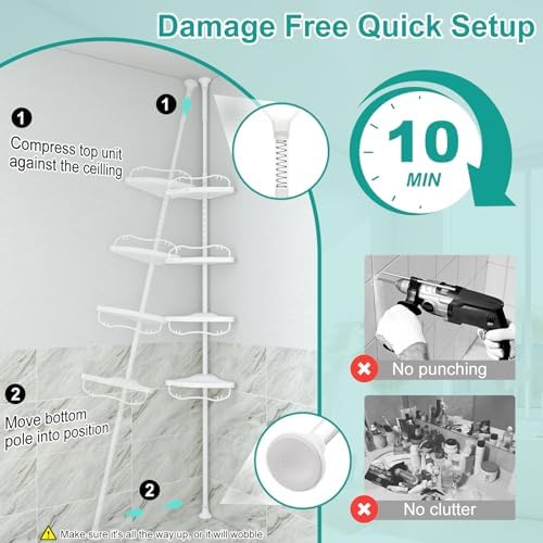 Corner Shower Caddy:125" Adjustable Inside Tension Shower Organizer Tension Pole,Rustproof Bathroom Organizer Shelves for Bathtub Shampoo Conditioner Storage,Floor to Ceiling Standing Showering Rack - Image 6