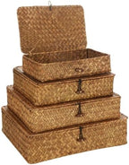 Certbuy Set of 4 Wicker Basket with Lid Nautral Seagrass Storage Baskets Sturdy Woven Rectangular Basket Bins for Organizing Shelf Closet Bedroom by CertBuy