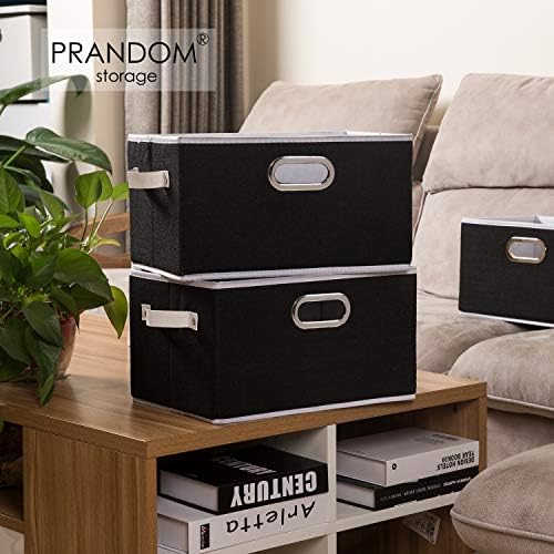 PRANDOM Fodable Storage Baskets for Closet [5-pack] Decorative Fabric Storage Bins Cubes with Leather/Metal Handles for Shelves Bedroom Living Room Black (11.5x8.5x6.7 Inch) - Image 2