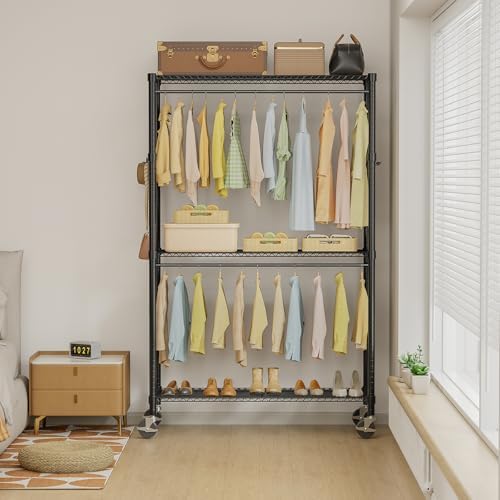 Simple Deluxe Rolling Clothes Rack, Heavy Duty Clothing Rack, 3-Shelf Portable Adjustable Wardrobe Closet with Wheels, Hanging Rods & Side Hooks, 43.3" W x 17.7" D x 80.3" H, Black - Image 2