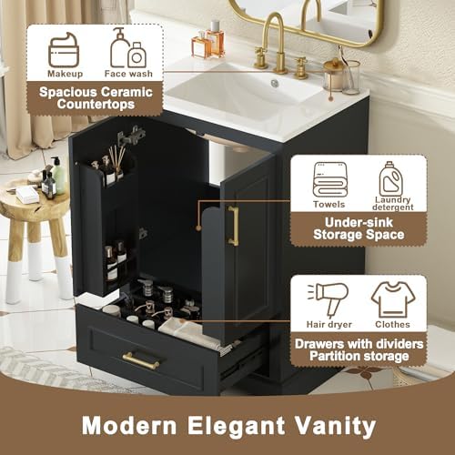 Harper & Bright Designs 24" Bathroom Vanity with Sink, Free Standing Single Basin Vanity with Divided Drawer & 2 Doors with Double Shelf, Wooden Storage Cabinet with Ceramic Basin for Bathroom, Black - Image 6