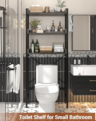 Ecoprsio Over-The-Toilet Storage Rack, 3-Tier Bathroom Organizer Shelf Over Toilet, Freestanding Space Saver Toilet Stands with 4 Hooks, Grey - Image 4