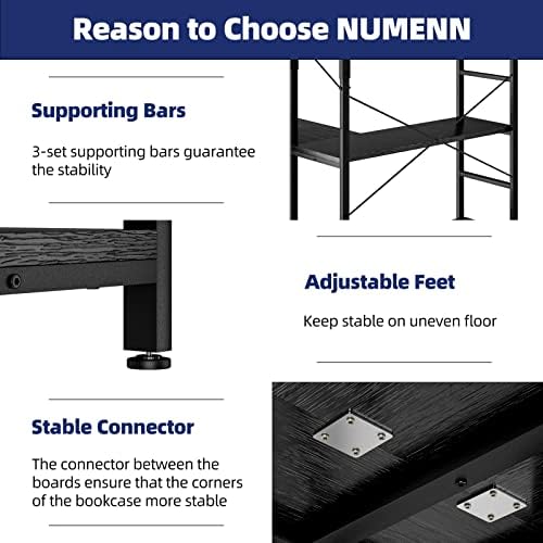 NUMENN 5-Tier Corner Bookshelf, L-Shaped Corner Bookcase, Black - Image 6