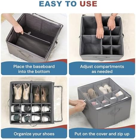 2 Pack Under Bed Shoe Storage Organizer, 16-Compartment Foldable Shoe Storage Boxes with Adjustable Dividers & Clear PVC Lid, Sneakers, Heels, Boots & Sandals Organizer for Closet, Grey - Image 4