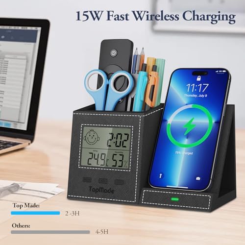 Pen Holder with Wireless Charger, Led Screen Desk Caddy with Digital Clock - Image 4