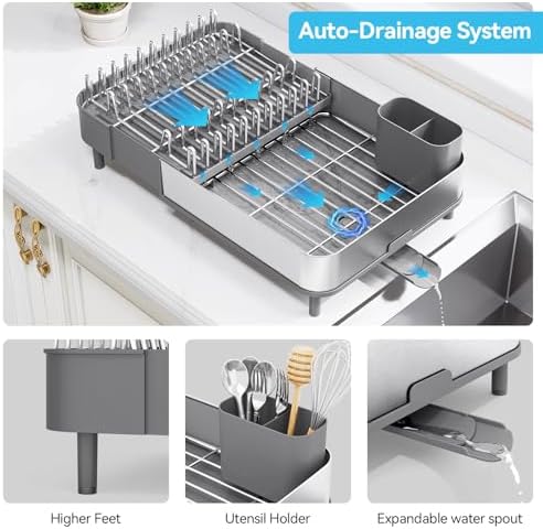 Urackify Expandable Dish Drying Rack, Stainless Steel Dish Drainer, Gray - Image 6