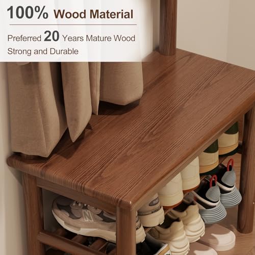 AQIMUELE Coat Rack with Shoe Storage, Narrow Wooden Hall Tree with Bench, 11 Hooks and 2-Tier Storage Shelves, 3-in-1, Entryway Bench with Coat Rack (23.6"-Walnut) - Image 4