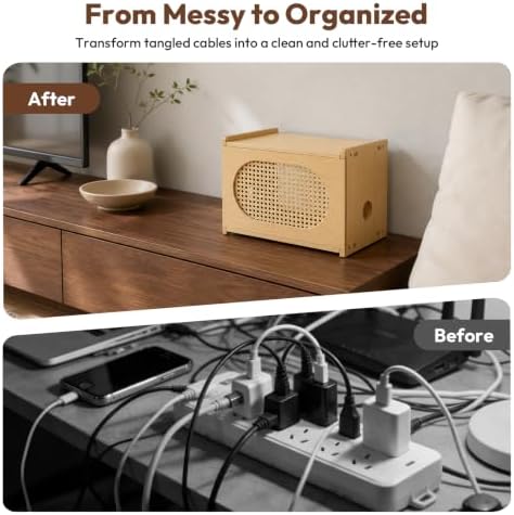 Natural Wood Router Box Hider with Rattan Doors, Tabletop Cable Management Cabinet to Hide Modem & Cords, Fits up to 11" H, 16"x10.4"x12" - Image 4