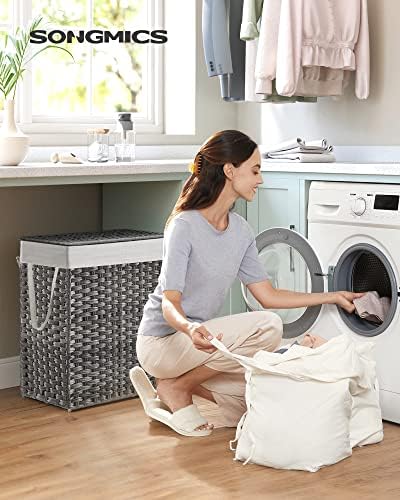 SONGMICS Laundry Hamper with Lid, 90L Double Wicker Basket, 6 Mesh Bags - Image 2