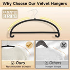 MIZGI 50 Pack Black Velvet Hangers - No Shoulder Bumps, Heavy Duty Non-Slip Chrome Hooks for Jackets, Coats, Pants - Image 3