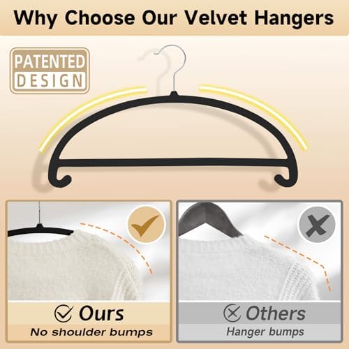 MIZGI 50 Pack Black Velvet Hangers - No Shoulder Bumps, Heavy Duty Non-Slip Chrome Hooks for Jackets, Coats, Pants - Image 3