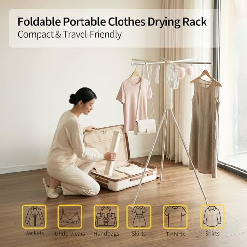 BIREN Foldable Clothes Drying Rack Tripod Clothes Rack with Clips Heavy Duty Laundry Rack Portable Clothing Racks for Travel, Camping, Hotel, Apartment, 6 Poles - Image 2