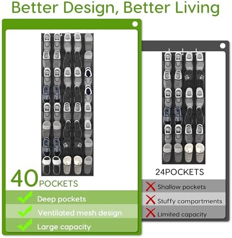 Over the Door Shoe Organizer with 40 Large Breathable Mesh Pockets, Space Saving Shoe Holder, Hanging Shoe Rack for Entryway Bedroom Closet Storage (Black, 80 Pockets) - Image 5