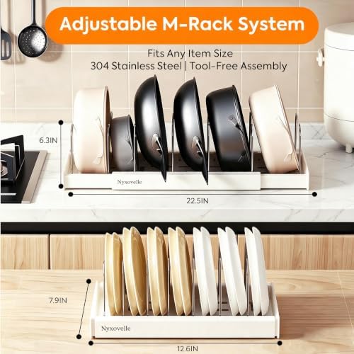 2 Pack Expandable Pots and Pans Organizer under Cabinet, Adjustable Pot Lid Organizer Rack with 9 Stainless Steel Dividers, Food Container Lid Holder for Kitchen Countertop Storage (White) - Image 3