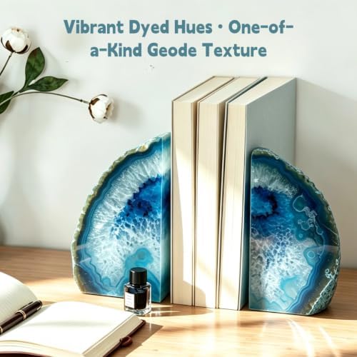 Natural Agate Bookends Pair - Vibrant Dyed Blue Geode Design, 2-3 lbs Heavy Duty Non-Slip Crystal Bookends for Shelves | Home Office Decor - Image 6