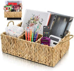 Divided Water Hyacinth Storage Basket, 4 Section Natural Wicker Storage Bin, Woven Storage Organizer with Handle, Large Basket for Shelves Countertop Bathroom Pantry, 16" L x 10.5" W x 5.5" H by YIMITEE
