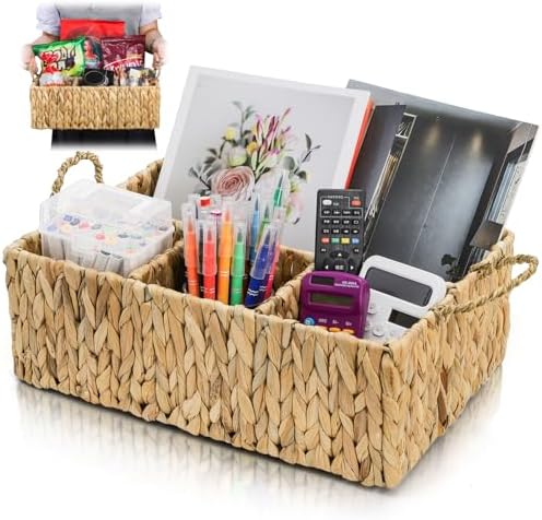 Divided Water Hyacinth Storage Basket, 4 Section Natural Wicker Storage Bin, Woven Storage Organizer with Handle, Large Basket for Shelves Countertop Bathroom Pantry, 16" L x 10.5" W x 5.5" H by YIMITEE