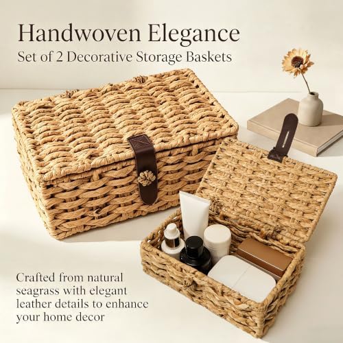 2 Pcs Woven Storage Basket with Lid, Seagrass Basket,Decorative Storage Box - Image 6