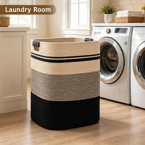 Laundry Hamper, Cotton Rope Laundry Basket with Leather Handles, 25.1-Gallon/95 L Large Clothes Hampers for Laundry, Woven Laundry Baskets for Blankets, Clothing, Bedroom, Living Room, Nursery - Image 4