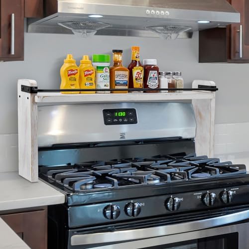 MyGift 33-Inch Stove Top Spice Shelf, Whitewashed Wood Black Metal Rack - Image 4