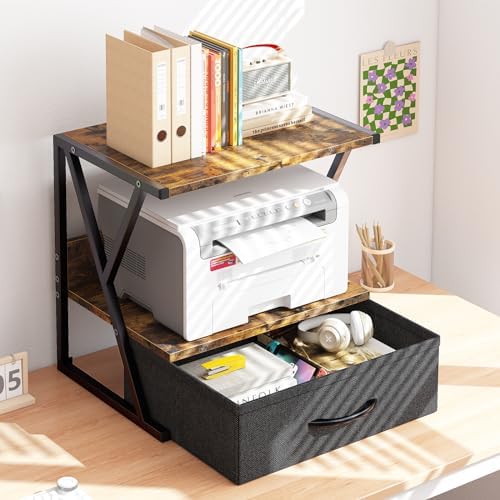 aboxoo Printer Stand for Desk with Storage Drawer, 2 Tier Desktop Or UnderDesk Shelf, Multi-Purpose Desk Organizer for Home Office, fit Fax Machine/3D Printer/Scanner, Rustic Brown - Image 4