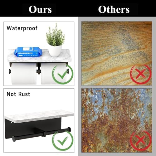 Toilet Paper Holder with Natural Marble Shelf for Bathroom Washroom,Wall Mounted Tissue Holder Suitable for Mega Roll (Matte Black, Large 11.8 * 4.7) - Image 5