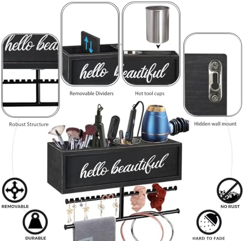 Rustic Hair Dryer Holder Wall Mounted,Hair Styling Tools & Accessories Organizer,Bathroom Supplies & hot Tools vanities Organizer Caddy,for Storage Flat Iron,Blow Dryer,Curling Iron,Towel - Image 4