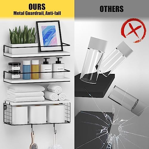 3+3 Wall Mounted White Bathroom Shelf Over Toilet with Toilet Paper Storage Basket & Hooks, Bathroom Organizers and Storage, Hanging Corner Shelf Floating Shelves for Bathroom Wall Room Decor - Image 5