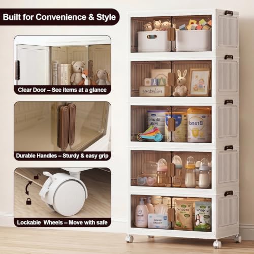 120QT Stackable Storage Bins With Lids, Collapsible Plastic Storage Bins with Wheels and Doors, Foldable Plastic Cabinets for Bedroom Dorm Garage Office Kitchen, 5 Pack - Image 5