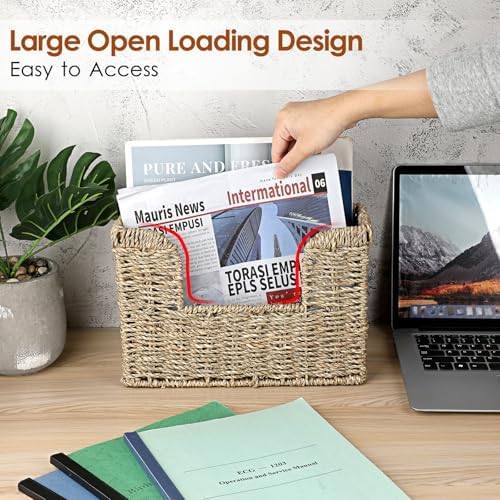 BTSKY Woven Hanging Magazine Holder, Seagrass Magazine Basket, Wall Mounted Storage Basket for Books & Files, Wall File Organizer Magazine Rack with Handle for Home & Office - 12x4.3x7.9 Inch - Image 5