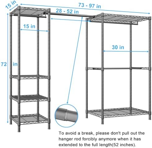 Ulif E10 Clothes Rack（With Stretchable Hanger Rod）Freestanding Clothing Racks for Hanging Clothes，Adjustable Closet Organizer System，Portable Garment Rack 73-97" W x 15" D x 72" H，Max Load 800LBS，Grey - Image 2