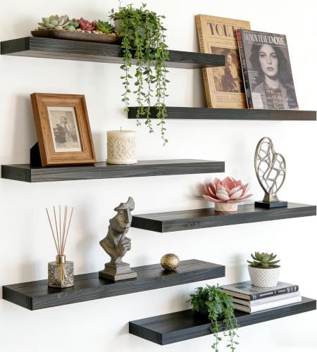 17 Inch Rustic Wood Floating Shelves Farmhouse Wooden Wall Shelves for Bathroom Bedroom Living Room Kitchen Office Set of 6 Black by HXSWY