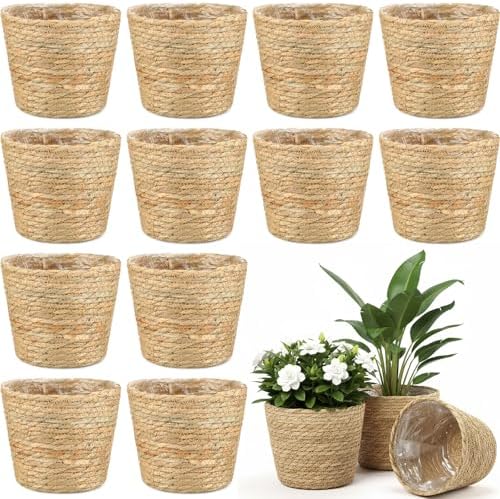 AceOrbit 12 Pcs Wicker Plant Basket Bulk with Liners Woven Planter Baskets Bulk for Indoor Outdoor Seagrass Plants Woven Wicker Baskets for Flower Pots Cover and Room Decor (Small,Rustic) by Unknown