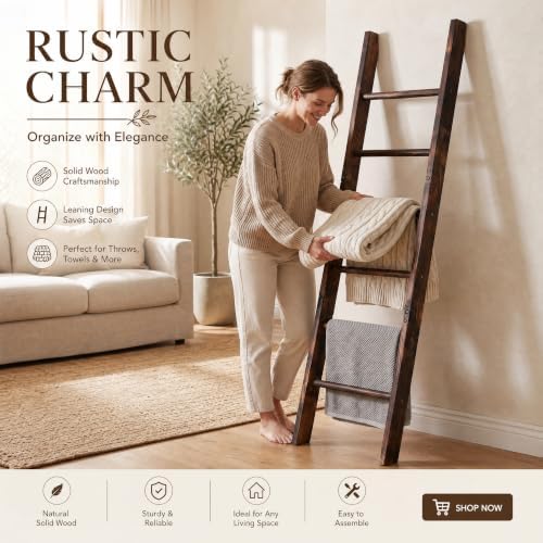 Carbonized Farmhouse Blanket Ladder, 6-Tier Rustic Wooden Rack - Image 2