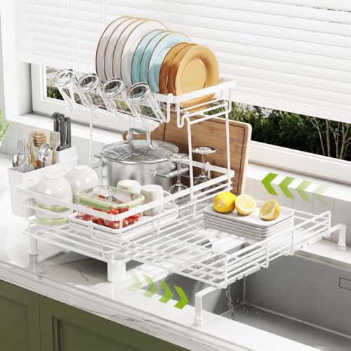 2-Tier Expandable Dish Drying Rack for Kitchen Counter, White by Nfnoyp