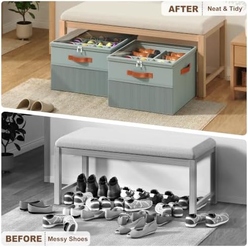 Shoe Organizer for Closet,2 Pack Foldable Shoe Storage Organizer Box Bin with Adjustable Dividers and Clear Cover, Fits up to 16-32 Pairs（Grey） - Image 5
