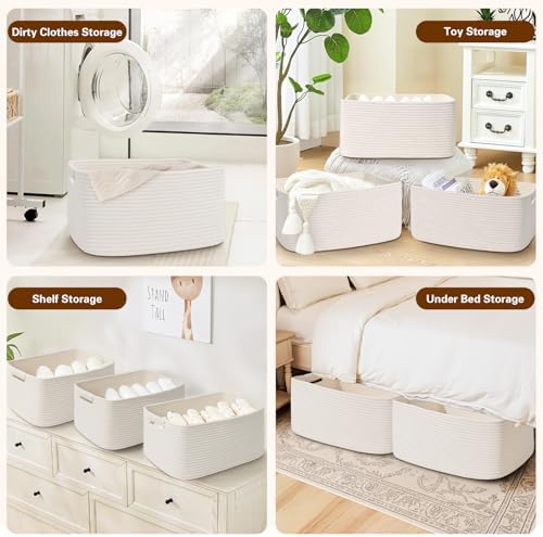 3 Pack Large Storage Basket for Organizing, 17.5"x13"x7" Woven Basket for Shelves, Closet Cube Storage Bins with Wrapped Handle, Cotton Rope Baskets for Kitchen, Clothes, Toys(Off White) - Image 5