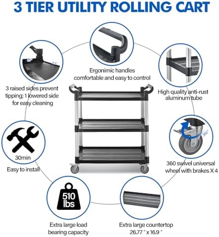 Utility Rolling Carts with Wheels, Large Size Plastic Service Carts, Heavy Duty Restaurant Cart with 4 Lockable Brake Wheels for Kitchen/Office/Warehouse (3 Tier - 34×17×37inches / 510lbs) - Image 2