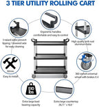 Utility Rolling Carts with Wheels, Large Size Plastic Service Carts, Heavy Duty Restaurant Cart with 4 Lockable Brake Wheels for Kitchen/Office/Warehouse (3 Tier - 34×17×37inches / 510lbs) - Image 2