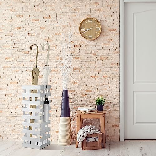 Tudomro Umbrella Stands for Entryway Large Metal Umbrella Holder 6.3 x 5.5 x 16.5 Inches with Removable Water Tray and Hooks Decor Freestanding Rectangular Storage Hollow Rack for Home Office (White) - Image 5