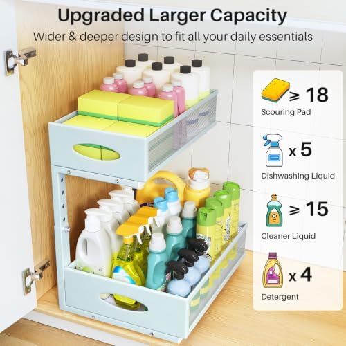 Under Sink Organizer, 2 Tier Pull Out Under Cabinet Organizer Shelf with Pad for Framed Cabinets, Metal Slide Out Under Sink Storage, Mesh Sliding Drawers for Kitchen Bathroom Laundry(Blue, 1 Pack) - Image 3